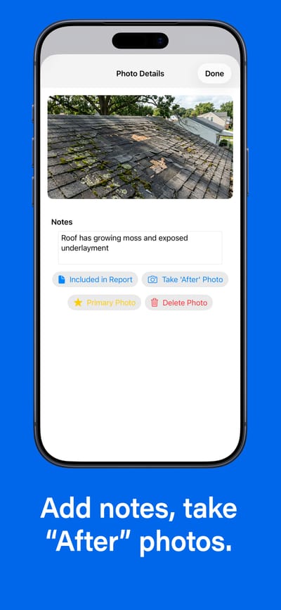 SnapFlow Pro screenshot showing notes and after photos
