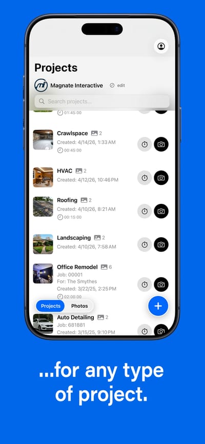 SnapFlow Pro screenshot showing project types