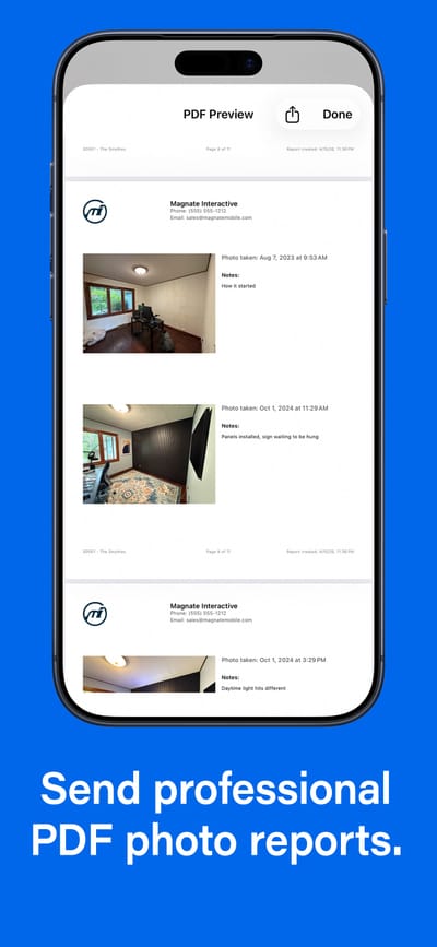 SnapFlow Pro screenshot showing professional PDF report sharing
