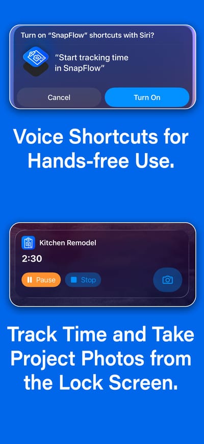 SnapFlow Pro screenshot showing voice shortcuts and time tracking Live Activity